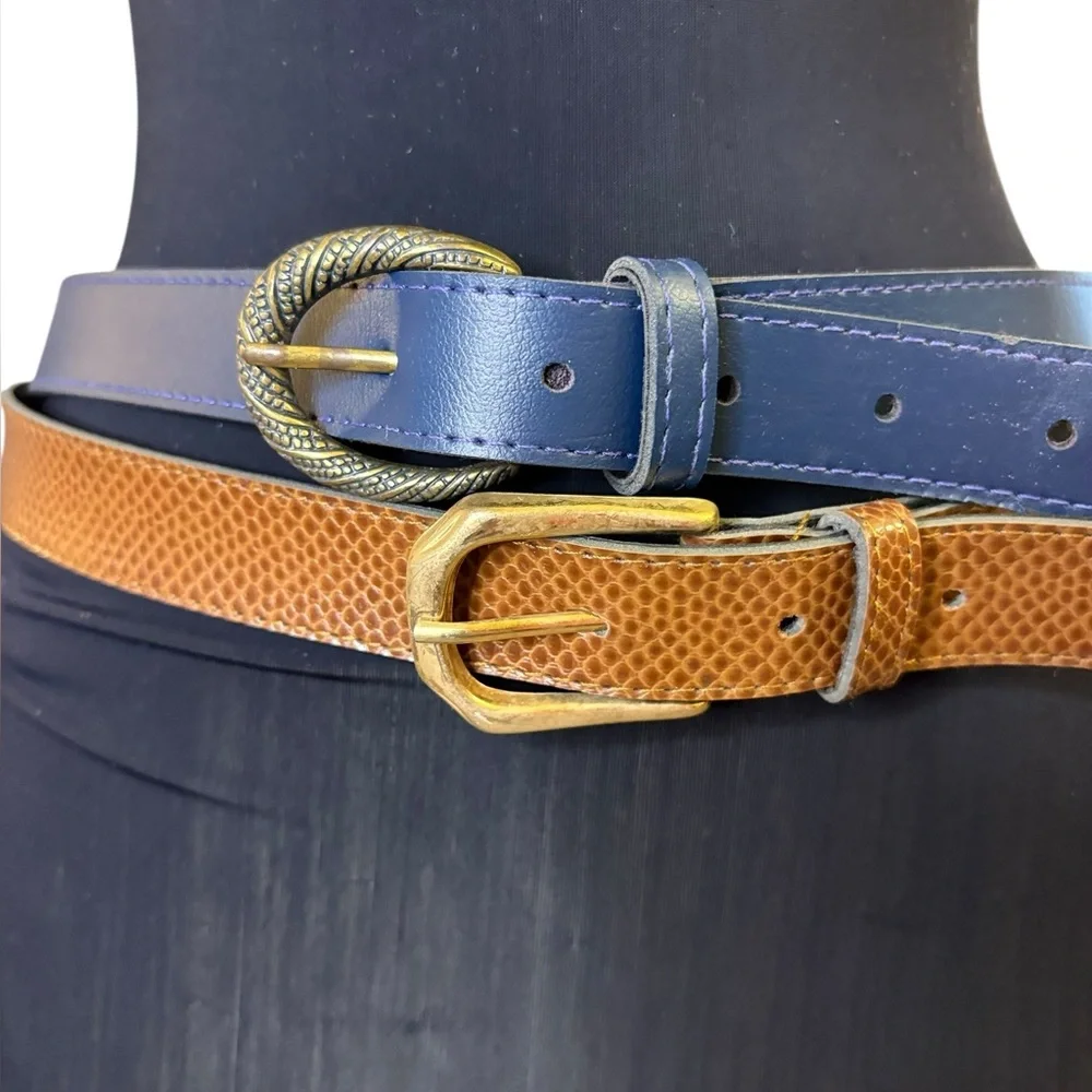 Vintage Blue and Brown Leather Belts with Gold Buckles - Picture 1 of 10